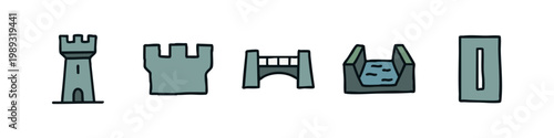 Blue-green castle icons: tower, wall, bridge, moat, gate