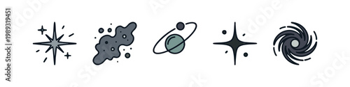 Cosmic icons: star, dust, orbit, starburst, galaxy