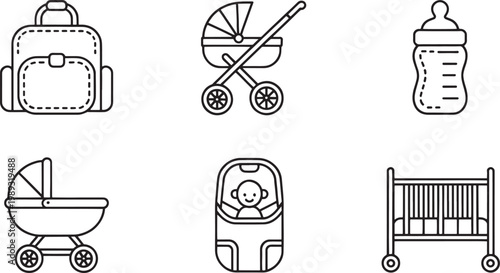 Infant care icons illustrate a diaper bag, strollers, a baby bottle, a carrier, and a crib representing essential products for newborn parenting and childcare needs.