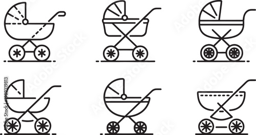 Strollers for infants are arranged in a set of six distinct line icons showcasing different models of baby carriages used for outdoor transport and daily parenting activities.