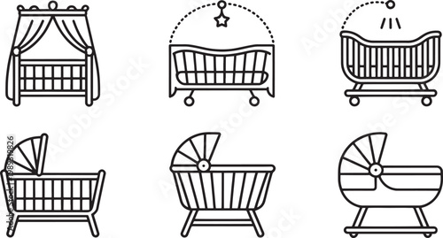 Baby bassinets and cribs are featured in this set of six black and white line art icons showcasing various cradle styles with canopies and hanging toys for infants.