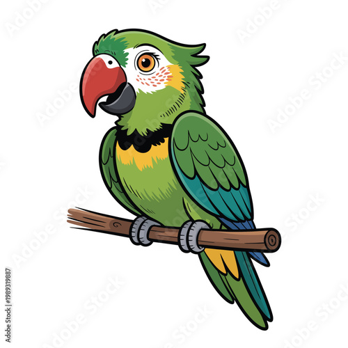 Parrot perches on a wooden branch in this colorful and detailed cartoon style vector illustration.