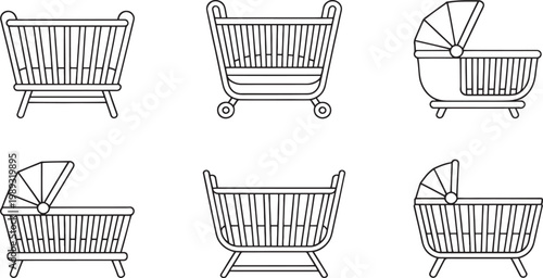 Baby cribs are displayed in this collection of six simple line art illustrations showing various wooden sleeping frames and mobile accessories for nursery room decor.