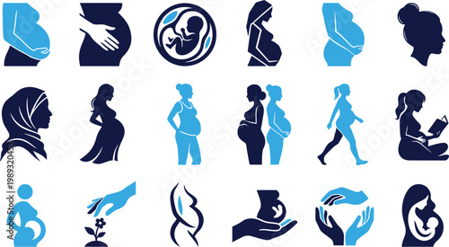 Gardening icons with people planting, watering and growing plants.