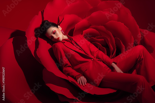 A young Asian woman with black hair lies on a large red rose. She wears a bright red suit, blending harmoniously with the flower's vibrant color.