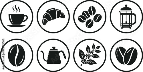 Coffee and pastry icons set with tea kettle and leaves on white background