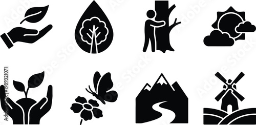 Eco friendly icons set with nature symbols and hands holding leaves and plants on white background