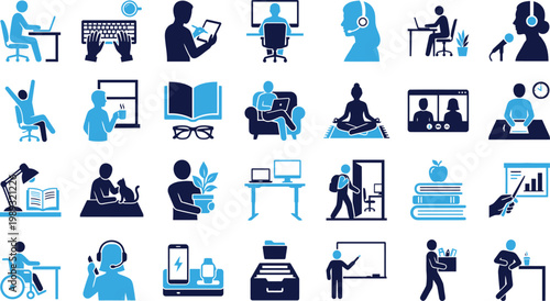 Set of blue female faces and silhouettes icons in different styles.