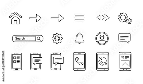 Billede på lærred Mobile UI thin line icons vector set with phone navigation settings search and i