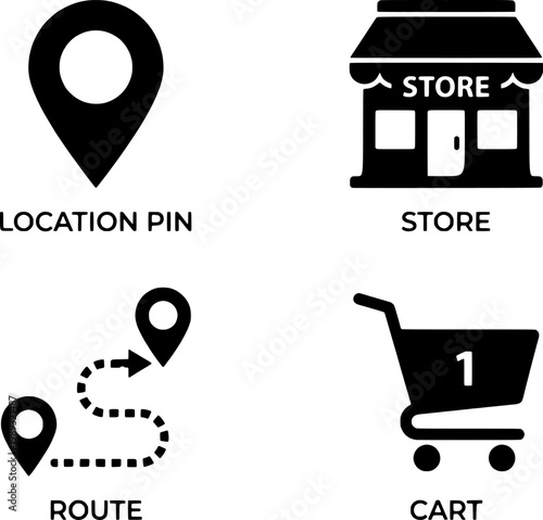 Ecommerce icons for location, store, route, and cart