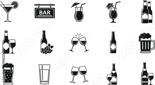 Collection of black and white bar icons including drinks and bottles