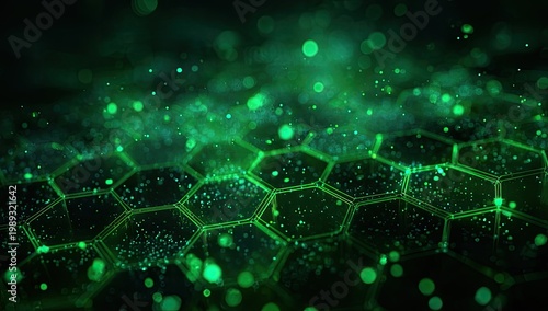 Luminous green hexagonal grid with glowing particles in dark abstract space