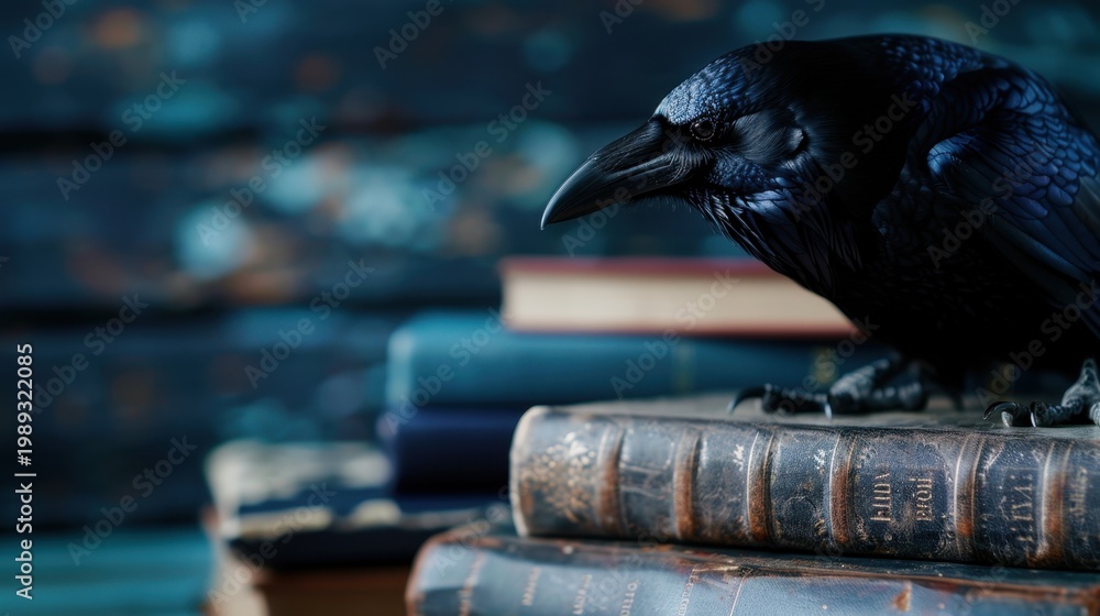 Obraz premium Mysterious black raven perched on old leather-bound books in dimly lit library setting