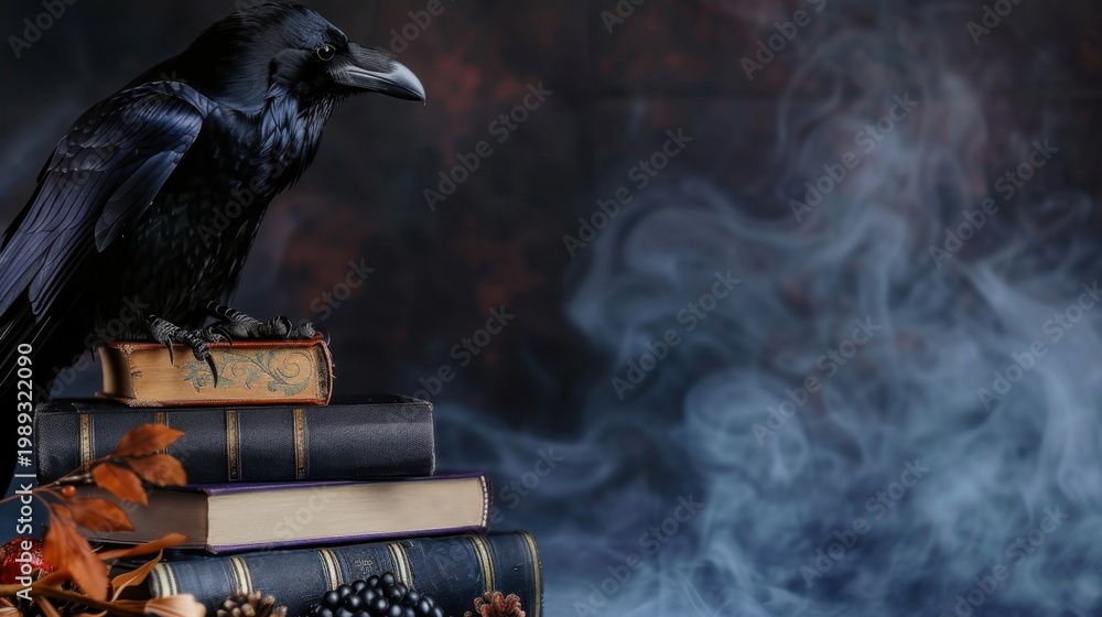 Fototapeta premium Mysterious Raven Perched on Old Books Surrounded by Smoke and Autumn Leaves in Enigmatic Setting