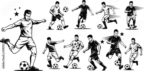 Soccer players in various dynamic poses kicking and running with balls in black and white