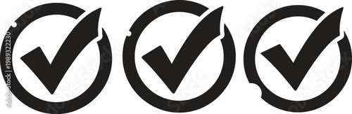 Three black check mark icons in circles confirmation approval and positive feedback symbols