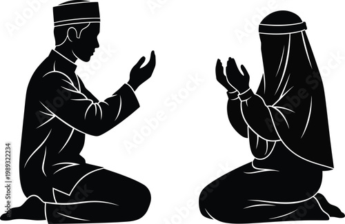 Silhouettes of man and woman praying in traditional attire kneeling on the ground in a minimalist black and white style