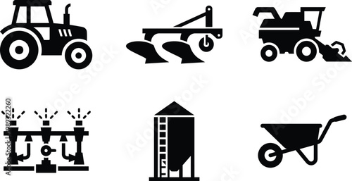 Black and white icons of farming machinery agricultural tools and equipment for crop irrigation and harvesting
