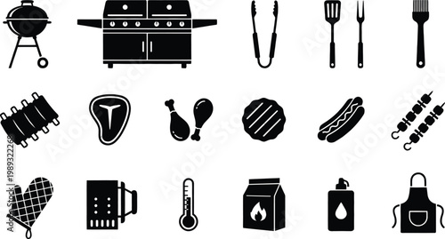 Black icons of barbecue tools and food on white background for cooking and grill themes
