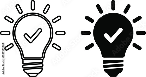 Two hand drawn light bulb icons one outline one solid both with checkmarks