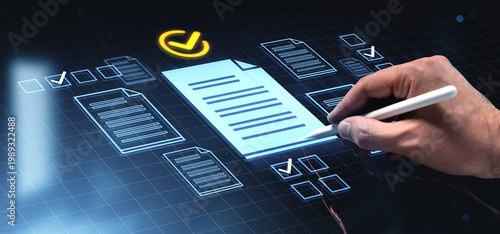 Photography Digital form completion with stylus on futuristic interface showing documents and checkmarks for modern digital workflow concept