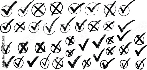 Collection of hand drawn checkmarks and crosses a visual representation of choices and decisions