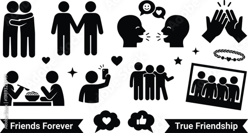 Black silhouettes of diverse people icons representing friendship and togetherness on white background with text