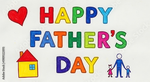 Colorful happy father's day greeting card illustration with family and home icons illustration