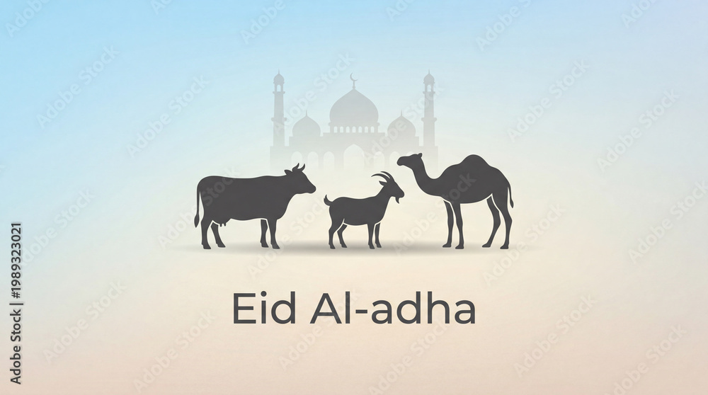 Obraz premium Eid Al-Adha Eid Al-Fitr Mubarak Greeting Banner with Animals