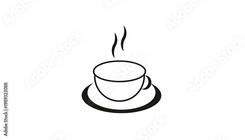 Cup coffee icon with steaming hot beverage and dark saucer, minimalist line art for café branding and menus
