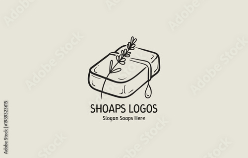 Soap bar logo design depicts a minimalist sketch of a cleansing block adorned with a sprig of dried lavender.