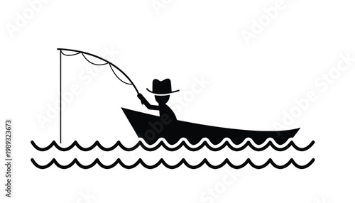 Fisherman silhouette fishing under a sail in wavy sea lines for coastal banner and maritime background