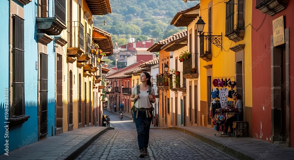Fototapeta premium Woman Walking Down Colorful Street in Town.