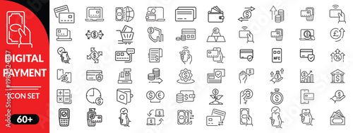 Digital payment icon set . Set of outline icons related to payment. Contains an icon such as NFC, money, bitcoin, credit card, credit card, Linear icon collection. Editable stroke. Digital payment big