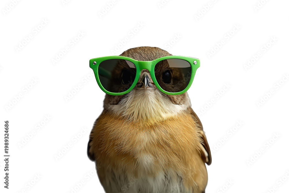 Fototapeta premium Cute bird wearing green sunglasses, looking cool and enjoying summer, having fun on transparent background