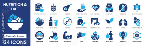 Nutrition and Diet solid icon set with diet, vitamins, planning, spa, spirit, wellness, pyramid, balance, web, icons collection.