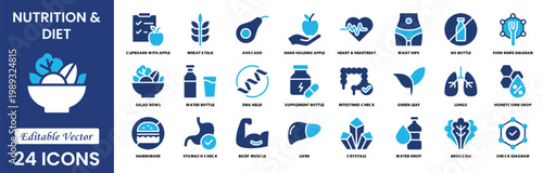 Nutrition and Diet solid icon set with diet, vitamins, planning, spa, spirit, wellness, pyramid, balance, web, icons collection.