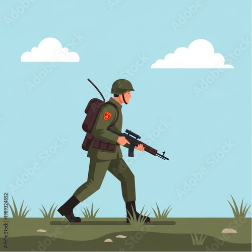 Soldier Carrying Rifle and Backpack Walking.