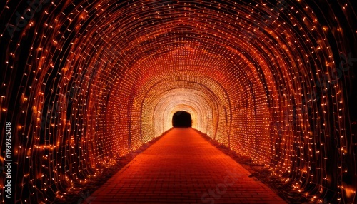 Illuminated tunnel with red lights creating a mesmerizing visual experience.