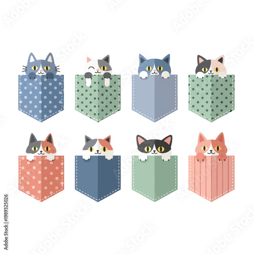 Cats peeking out of colorful polka dot and striped boxes