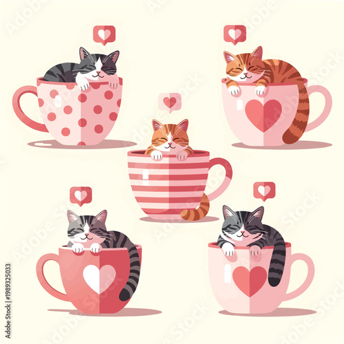 Cute cats sleeping in colorful heart decorated tea cups
