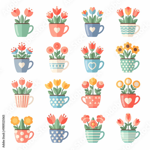Colorful flowers in tea cups on white background