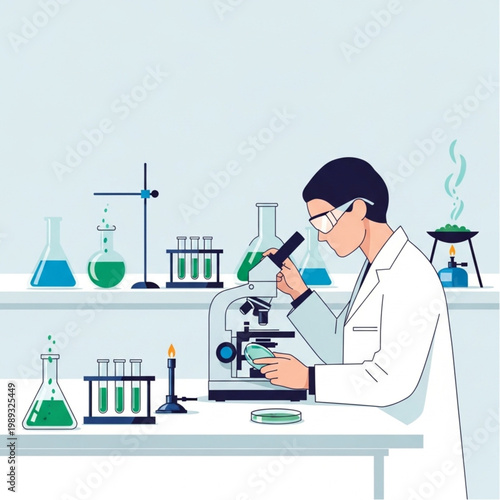 Scientist Examining Sample Under Microscope in Laboratory.