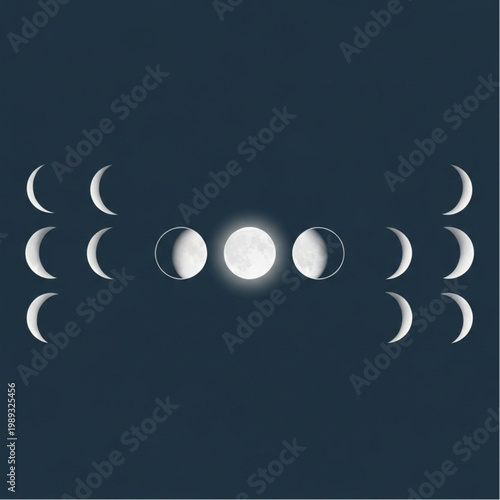 Lunar Phases Cycle Moon Stages Sequence.