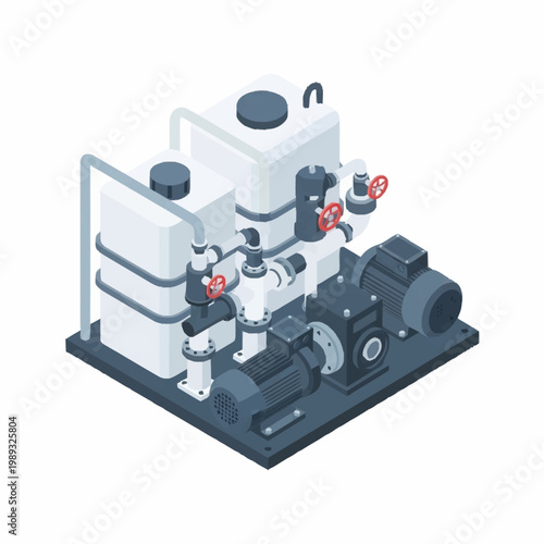 Industrial chemical dosing pump system with tanks and motor.
