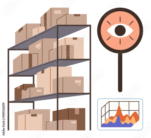 Supply chain, inventory tracking, data analysis, logistics management, warehousing, business efficiency. Shelves loaded with boxes, eye symbol for monitoring and graph for analytics. Warehousing