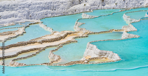 Pamukkale Travertines Drone Photo, An aerial view of the Pamukkale Travertines. Pamukkale Denizli, Turkiye (Turkey)