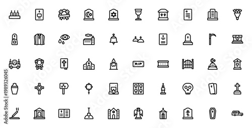 Funeral icon set. Vector symbols for cemetery, coffin, grave, cross, candle, church, urn, memorial, and more. Minimal line icons collection.