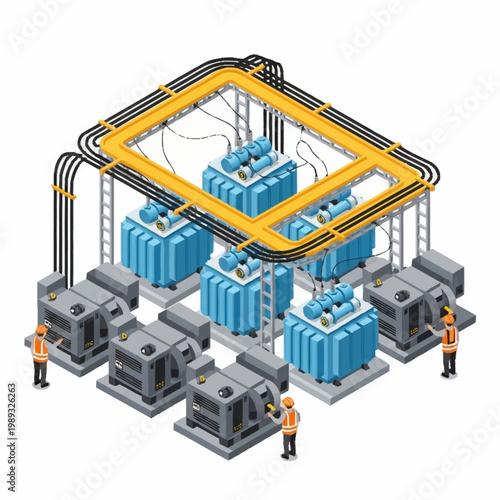 Industrial electrical power distribution substation with transformers and workers.
