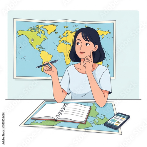 Young Woman Planning Trip with Map and Notebook.